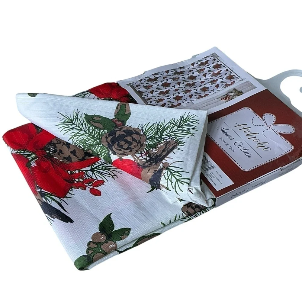 Christmas Cardinals Birds Winter Holiday Fabric Shower Curtain White Red 70 x 72